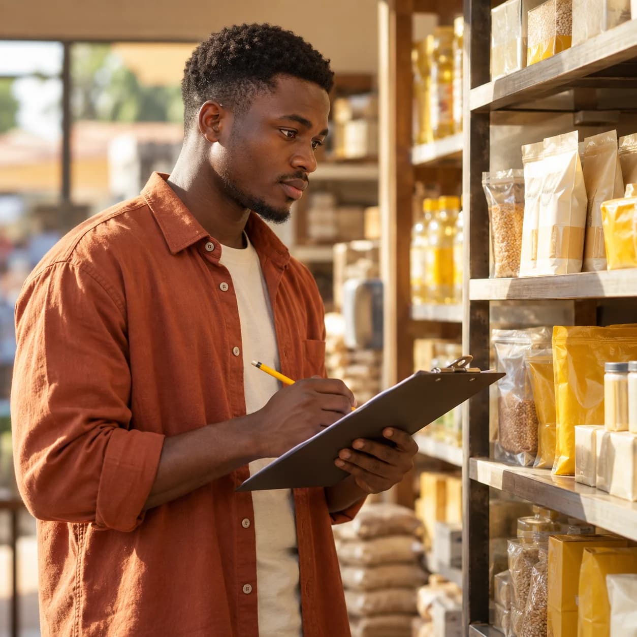 Illustrative field researcher checking products against a brief