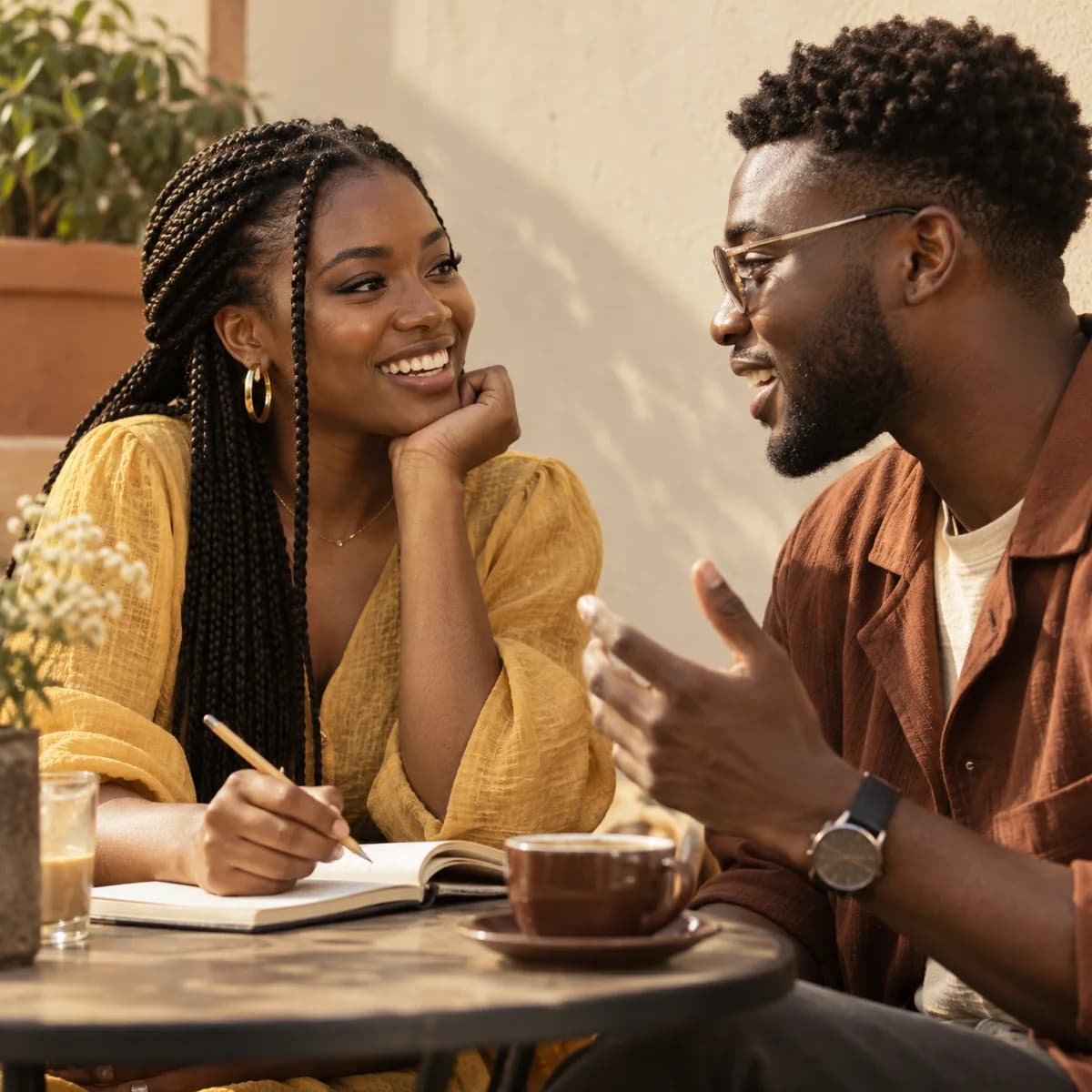 Two people discussing a brief and taking notes